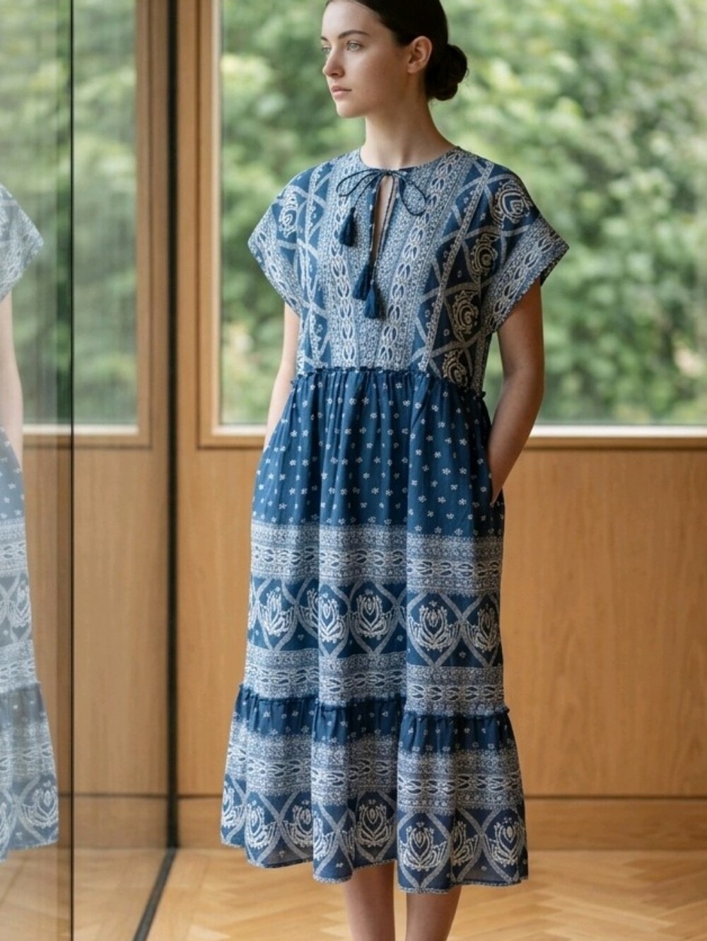 Melissa Nepton Janelle Paisley Boho 100% Cotton Midi Dress Blue & White Size M